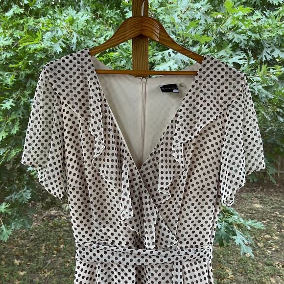 Maison Tara White And Brown Polka Dot Classic Midi Dress Size 16W - Picture 3 of 11